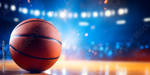 Basketball ball on the floor with lights and spotlights background