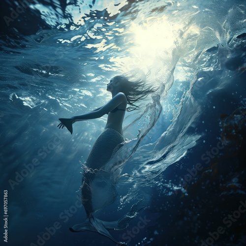 Artistic representation of a mermaid swimming gracefully in the deep blue sea, surrounded by sunlight © mockupzord