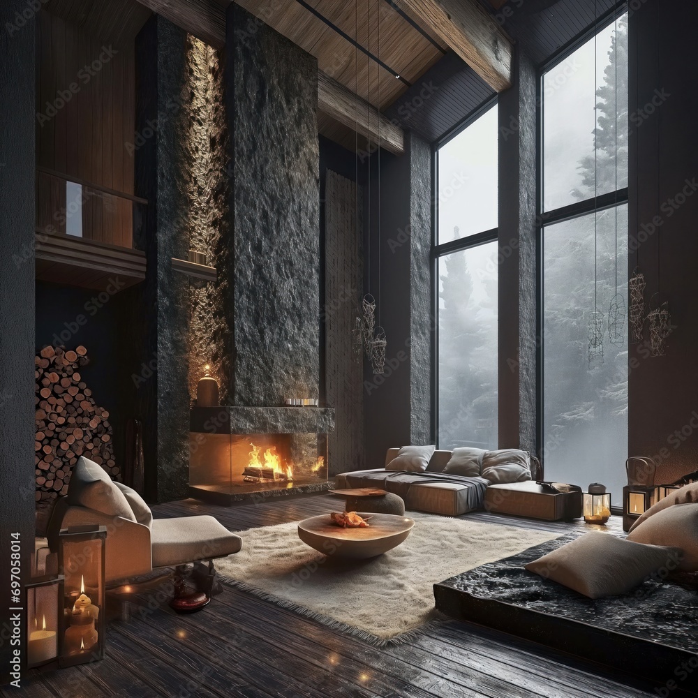 Fototapeta premium Modern interior design featuring a cozy fireplace in a luxurious mountain retreat with large windows