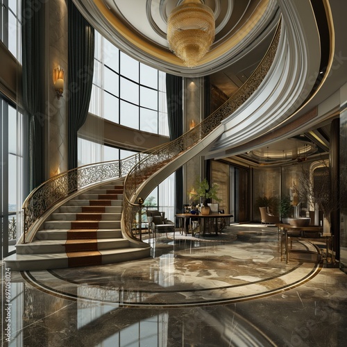Elegant and grandiose hotel lobby interior with sweeping staircase, ornate details, and large windows