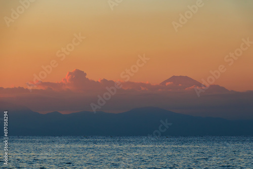                                                                                                                                           2023   12   2                    Beautiful sunset from the beach and silhouette of Mt. Fuji.  Araihama Beach  Miura  Kanagawa  Japan  Photo Taken December 2  2023. In u