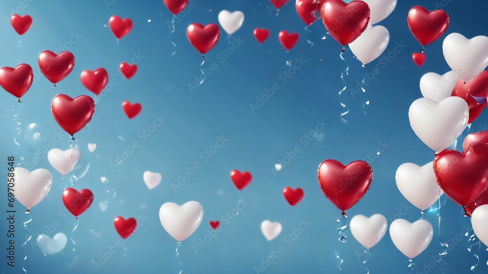 Heart shaped balloons flying on a blue background.Created with Generative Ai technology