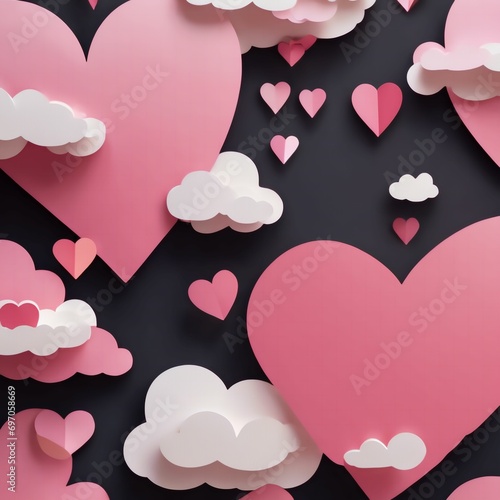 Hearts, clouds and realistick shadow. Paper 3d style. Holiday card, poster, background..Created with Generative Ai technology photo