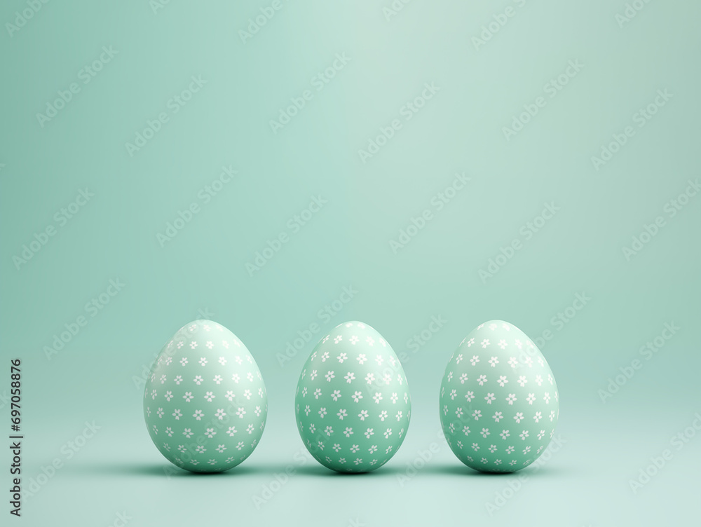 Happy Easter day layout, painted eggs on minty green background with copy space Happy Easter day layout, painted eggs on minty green background with copy space