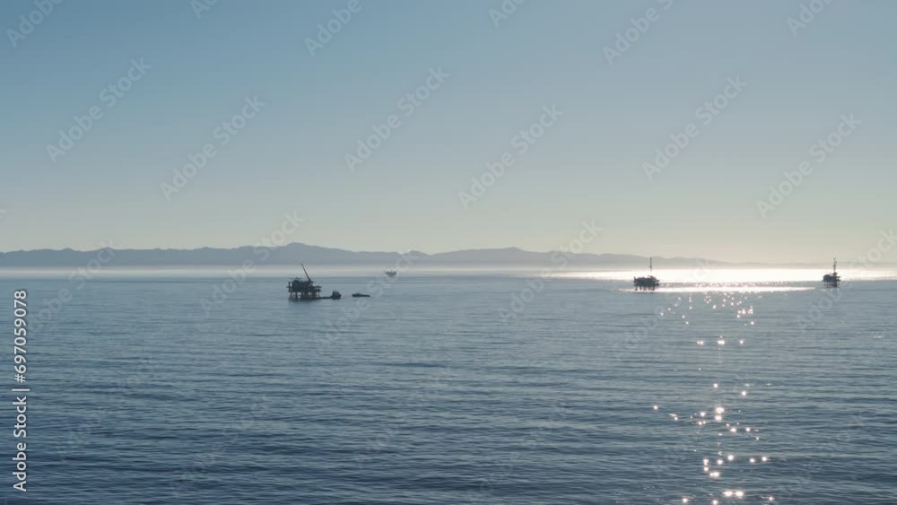 Drone shot of Oil Gas Pacific Ocean drilling Platform Rig on California Drone shot of Oil Gas Pacific Ocean drilling Platform Rig on California
