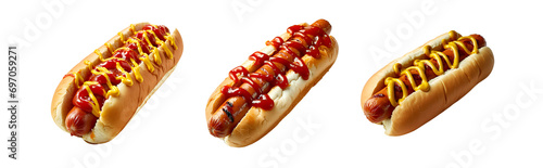 Set of Three Flavorful Hot Dogs: Indulge in a Hot Dog with Ketchup, Another with Mustard, and a Third with the Perfect Blend of Ketchup and Mustard, Isolated on Transparent Background, PNG photo