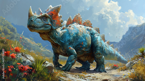Ankylosaurus Dinosaur in a whimsical and colorful style. In natural habitat. Jurassic Park. © Татьяна Креминская