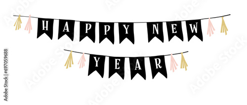New Years Eve holiday banner. Bunting flags with colorful tassels and Happy New Year text. Decorative border, string or garland. Festive party decoration. Isolated vector object, illustration