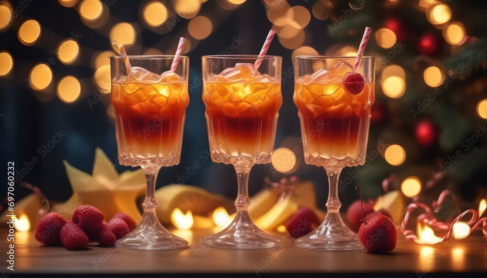 Arrangement of glasses with creative sweet drinks on background of burning garland. Arrangement of glasses with creative sweet drinks on background of burning garland.
