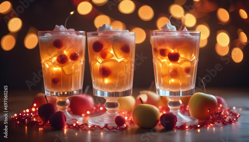 Arrangement of glasses with creative sweet drinks on background of burning garland. © Antonio Giordano
