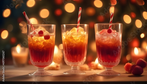 Arrangement of glasses with creative sweet drinks on background of burning garland.