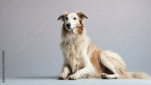 Regal Borzoi dog seated, displaying a luxurious cream coat, with a noble demeanor against a muted grey background in a minimalist photography studio. photo