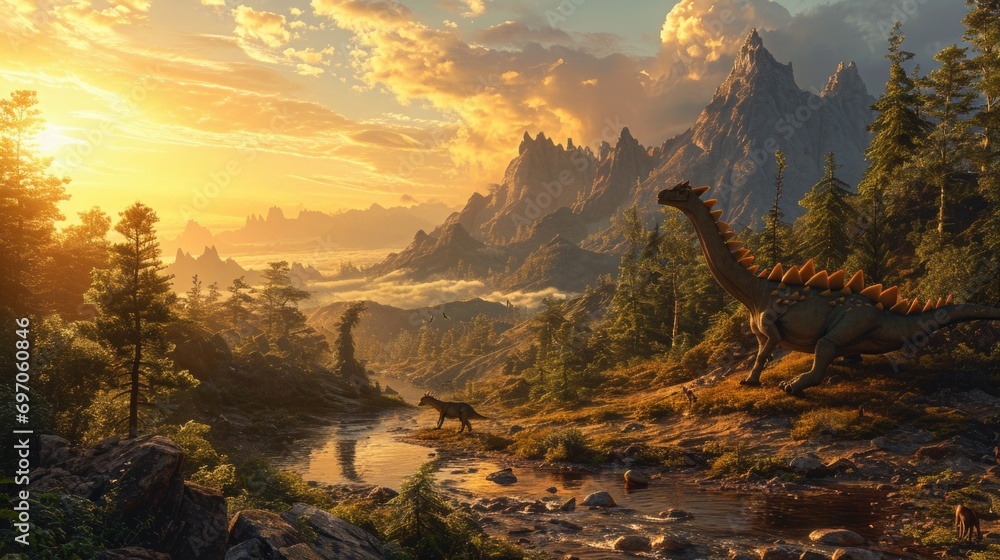 Fototapeta premium Stegosaurus Dinosaur in a whimsical and colorful style. In natural habitat. Jurassic Park.
