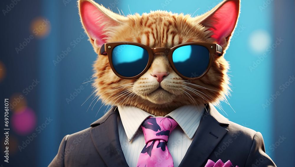 kot w garniturze i okularach przeciwsłonecznych - obrazy, fototapety, plakaty 