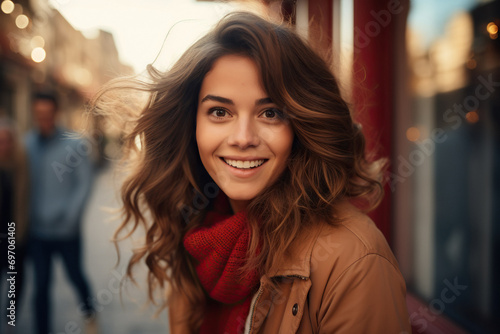 Portrait of attractive smiling young woman dressed in autumn clothes on street © Oleksandr Kozak