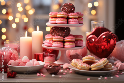 A festive dessert table filled with Valentine s Day-themed treats  from heart-shaped cookies to decadent chocolates. Generative Ai.