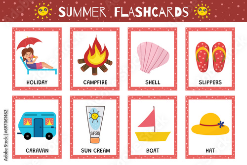 Summer flashcards collection for kids. Flash cards set for school and preschool. Learning to read activity for children. Vector illustration