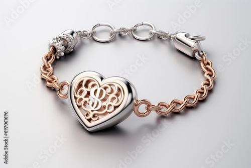 A mockup of a heart-shaped charm bracelet with engraved initials, representing a personalized and meaningful gift. Generative Ai.