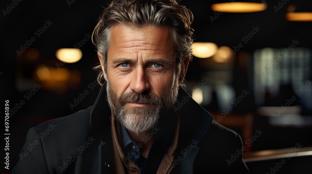 Handsome Content Middle-aged Male Portrait. Generative AI. Handsome Content Middle-aged Male Portrait. Generative AI.