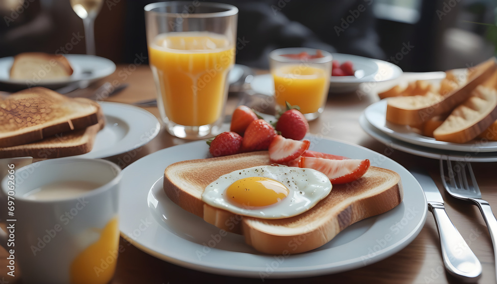 Breakfast drinks and toast near cutlery Breakfast drinks and toast near cutlery