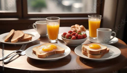 Breakfast drinks and toast near cutlery