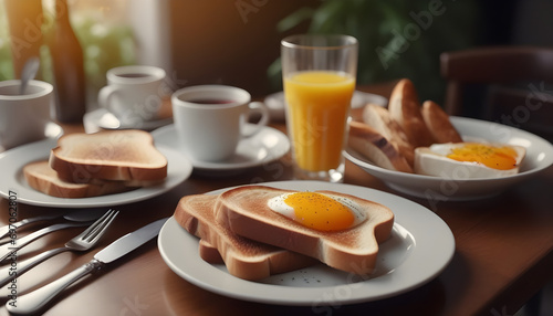 Breakfast drinks and toast near cutlery