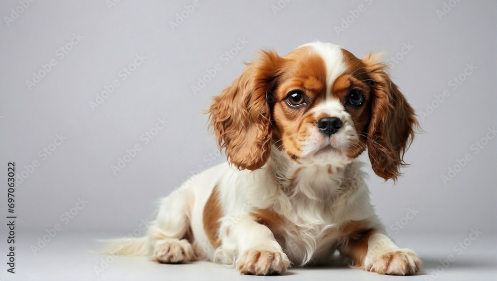 Cavalier King Charles Spaniel puppy in a studio, with a rich brown and white coat, endearing gaze, and floppy ears, set against a muted background.