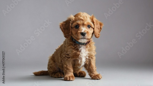 Cavapoo puppy seated in a photography studio, highlighting its wavy golden coat and inquisitive brown eyes against a subdued gray backdrop. © Tom