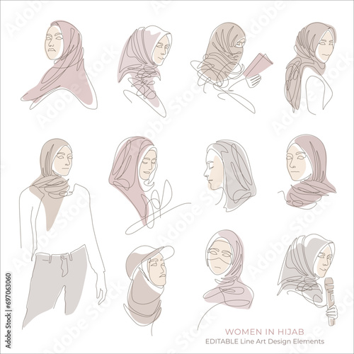 Women in hijab, Set of Muslim Arabian line art illustrations for fashion or business. Pastel blush pink colors