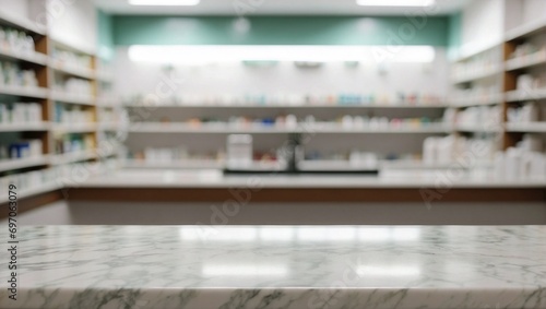 Blurred Pharmacy Counter on Empty Marble Table Background, Marble Table
