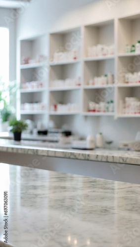 Blurred Pharmacy Counter on Empty Marble Table Background  Marble Table