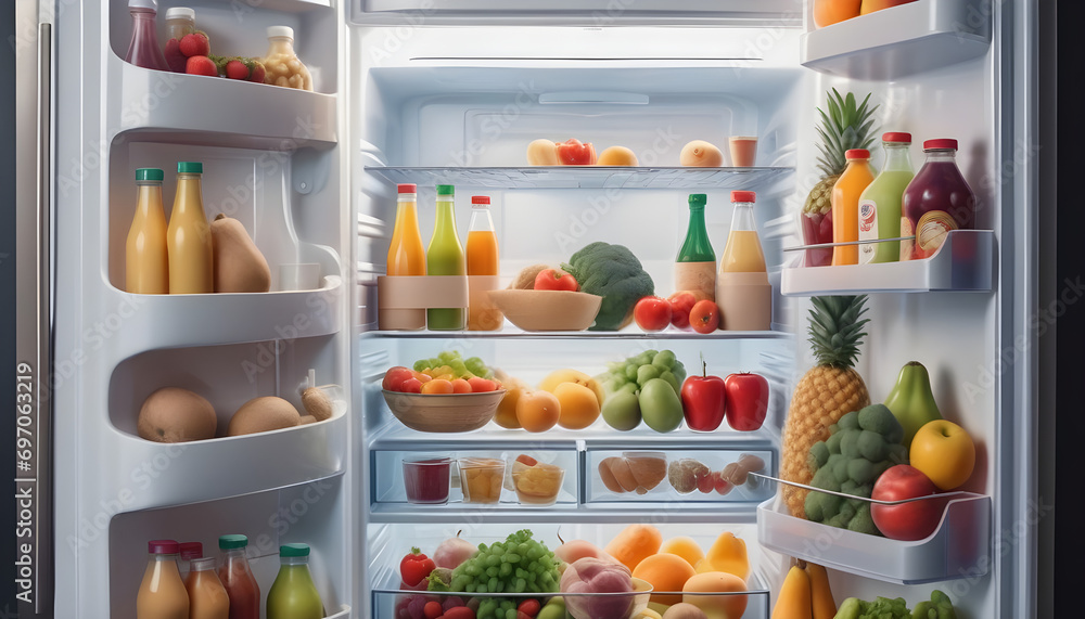 double door an open refrigerator filled with lots of different types of food and drinks in it's door, with a shelf full of fruits and vegetables double door an open refrigerator filled with lots of different types of food and drinks in it's door, with a shelf full of fruits and vegetables