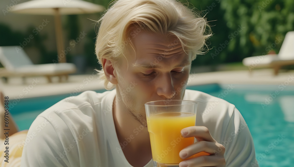 European blond man drinks juice through straw while relaxing by pool. European blond man drinks juice through straw while relaxing by pool.