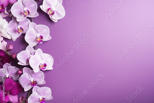 Enchanting orchids and greeting card on purple background  copy space  magical