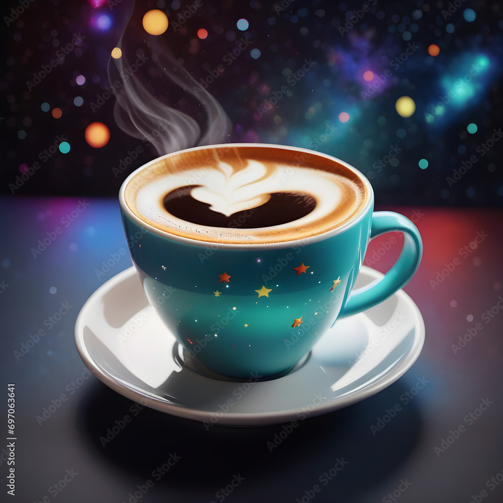 Illustration design of a high-quality, universally colorful technology stock image featuring a space-themed cup of coffee against a dark background. Illustration design of a high-quality, universally colorful technology stock image featuring a space-themed cup of coffee against a dark background.