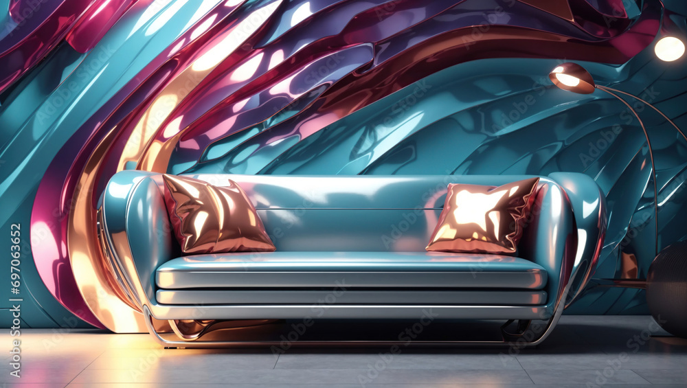 Metalic Sofa with Pillows, Abstract Wall, using Generative ai