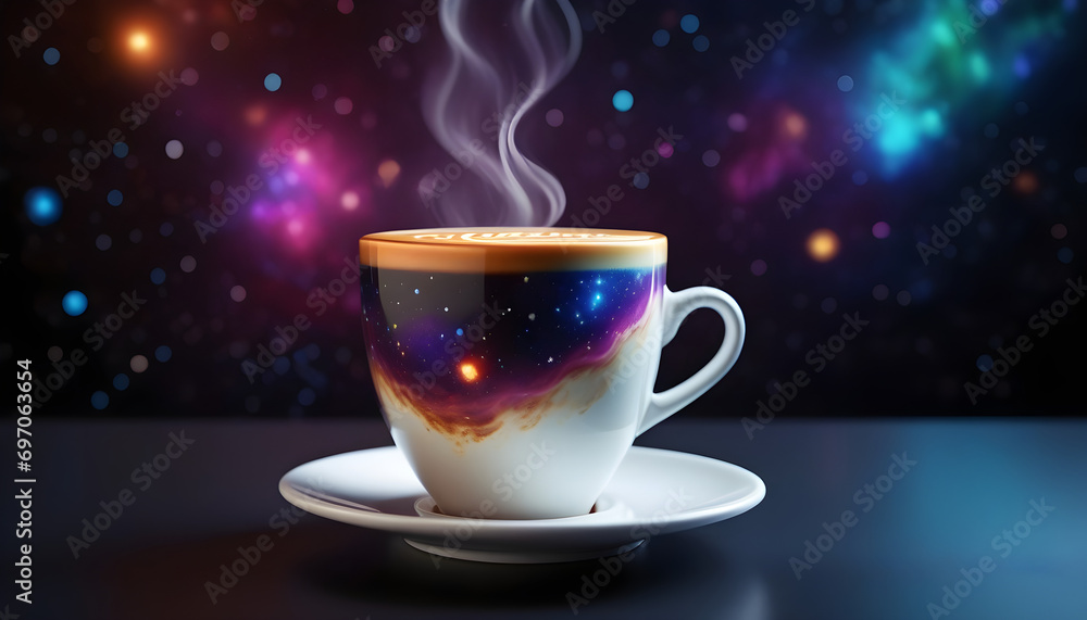 Illustration design of a high-quality, universally colorful technology stock image featuring a space-themed cup of coffee against a dark background. Illustration design of a high-quality, universally colorful technology stock image featuring a space-themed cup of coffee against a dark background.