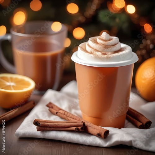 Plastic cup with hot drink on napkin with cinnamon and orange cantle near with garland on background.