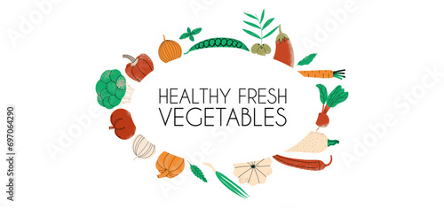 Organic eco food hand draw frame. Oval composition with fresh vegetables. Eco banner, poster. Vector illustration.