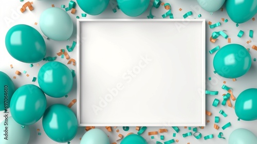 Top-down view of an elegant frame surrounded by vibrant balloons and confetti. Empty blank label cardboard Box word. Solid background in turquoise.