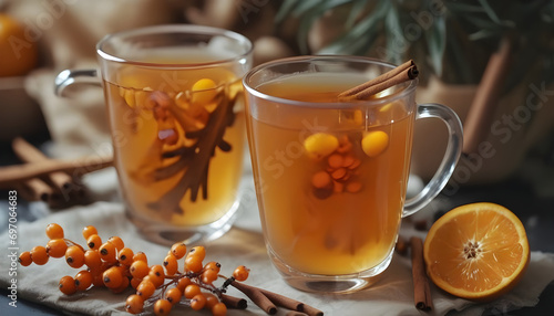 The process of preparing autumn winter sea buckthorn tea with orange, cinnamon and honey. Healthy drinks concept