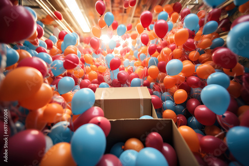 The unboxing of a plain package to reveal a cascade of helium balloons, expressing the whimsy of unexpected delights. Generative Ai.