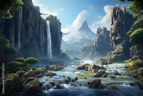 Fantasy landscape with mountain and waterfall. 3d rendering. Computer digital drawing.