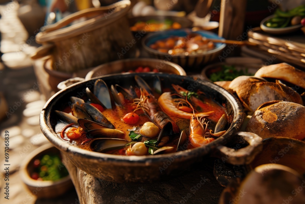 Amidst a Charming Village Market, a Vendor Presents a Vibrant Variety of Fresh Produce and Handcrafted Goods to Eager Customers Amidst a Charming Village Market, a Vendor Presents a Vibrant Variety of Fresh Produce and Handcrafted Goods to Eager Customers