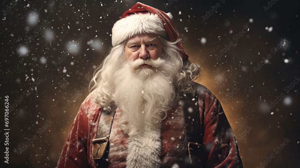 A rugged man with a snow-dusted beard and a festive red hat stands proudly in the winter wonderland, embodying the spirit of the holiday season in his santa garment A rugged man with a snow-dusted beard and a festive red hat stands proudly in the winter wonderland, embodying the spirit of the holiday season in his santa garment