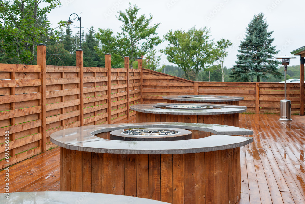 Multiple large round fire pits that use propane or natural gas. The social club's backyard patio has tall brown wooden walls and a cement deck. The tops of the flame are metal. Multiple large round fire pits that use propane or natural gas. The social club's backyard patio has tall brown wooden walls and a cement deck. The tops of the flame are metal.