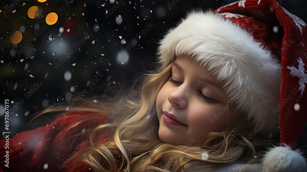 A peaceful christmas eve slumber, adorned with a cozy fur hat, as the snow falls gently upon the serene face of a woman in a red santa hat - obrazy, fototapety, plakaty 
