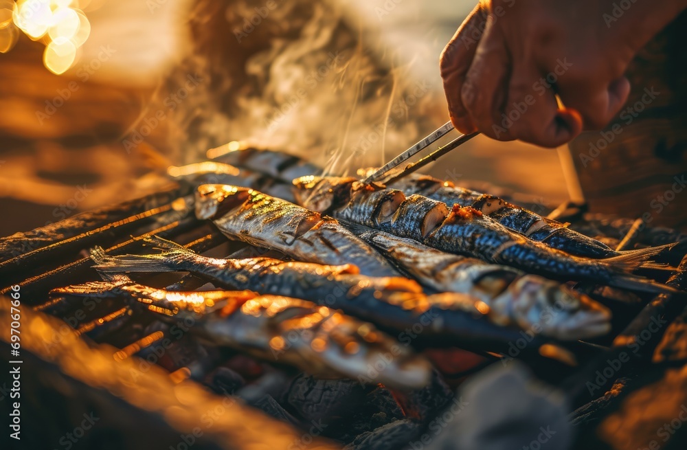 Φωτογραφία Culinary Symphony: In the Serenity of Outdoor Cooking, a Culinary Enthusiast Perfects the Grilling of Sardines on a Barbecue, Creating a Feast of Freshness and Mediterranean Essence