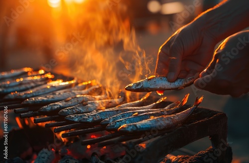 Culinary Symphony: In the Serenity of Outdoor Cooking, a Culinary Enthusiast Perfects the Grilling of Sardines on a Barbecue, Creating a Feast of Freshness and Mediterranean Essence.