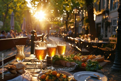 Belgian Beer Bliss: Immerse Yourself in the Culinary Delights of a Picturesque Beer Garden, Where Friends Gather, and a Tempting Platter Awaits.

